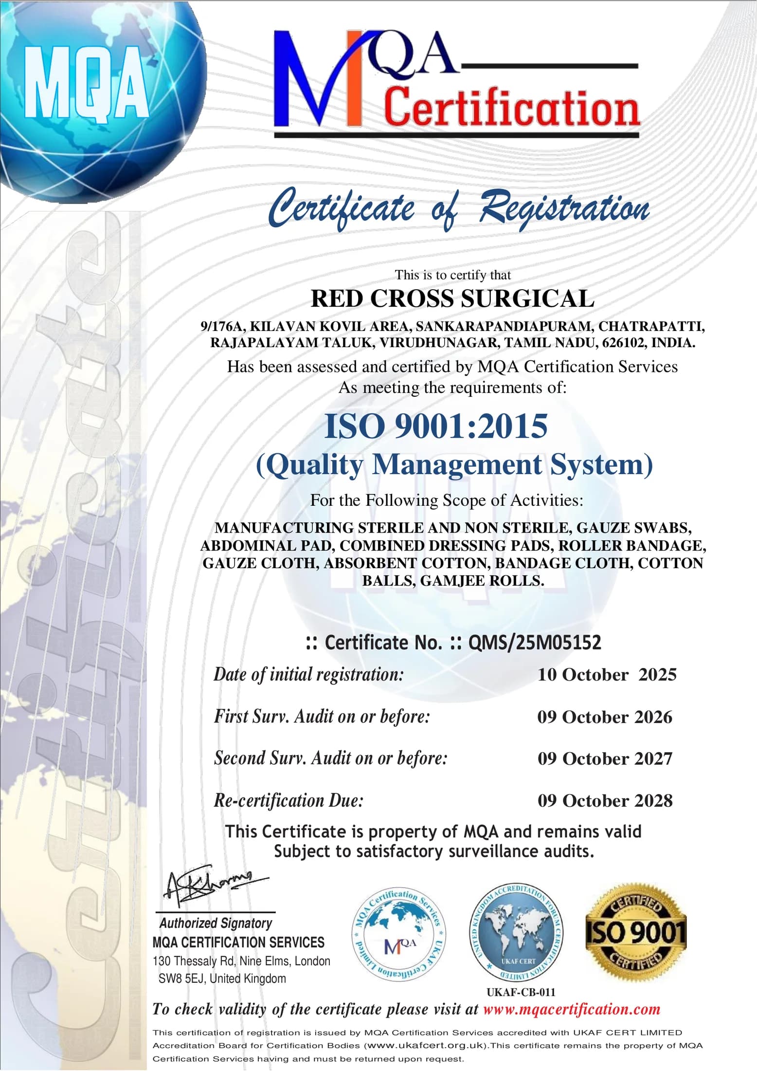 ISO 9001:2015 Quality Management Certificate for Red Cross Surgical